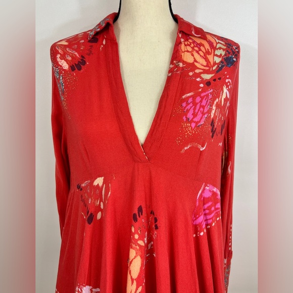 Free People Field of Butterflies Oversized Red Orange Long Sleeve Tunic size S - Picture 5 of 13